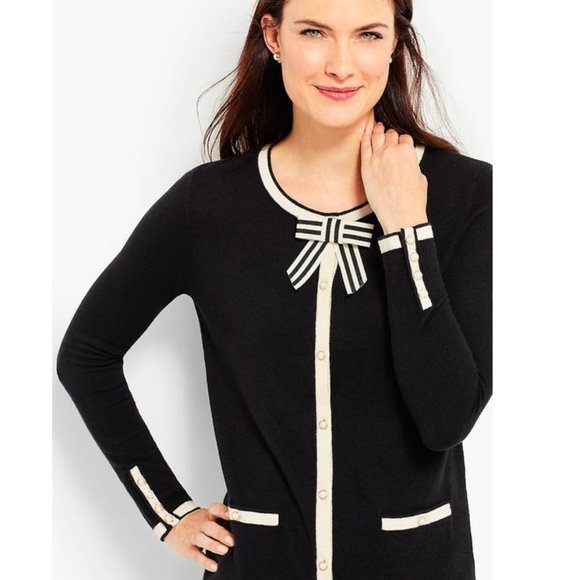 Talbots Sweaters - Talbots Cashmere Blend Pearl & Bowtie Detail Cardigan Black Cream Striped S